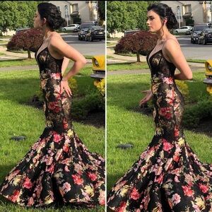 Tarik Ediz Black and Floral Prom Dress